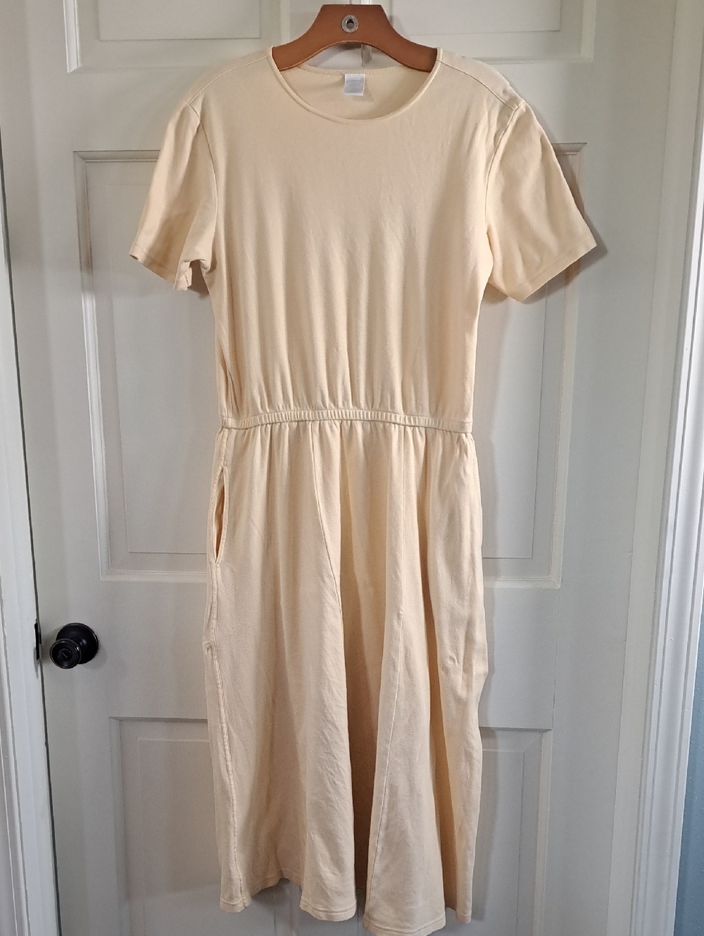 Lands' End 100% Cotton Pockets Pale Yellow Comfy Caual Tee Modest Midi Dress